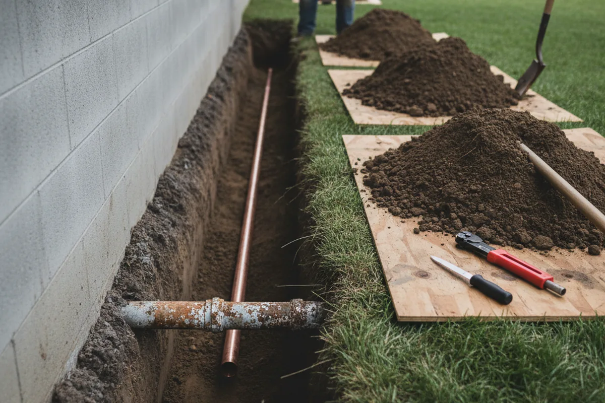 Excavated water line trench during Water Softener Installation in Trion